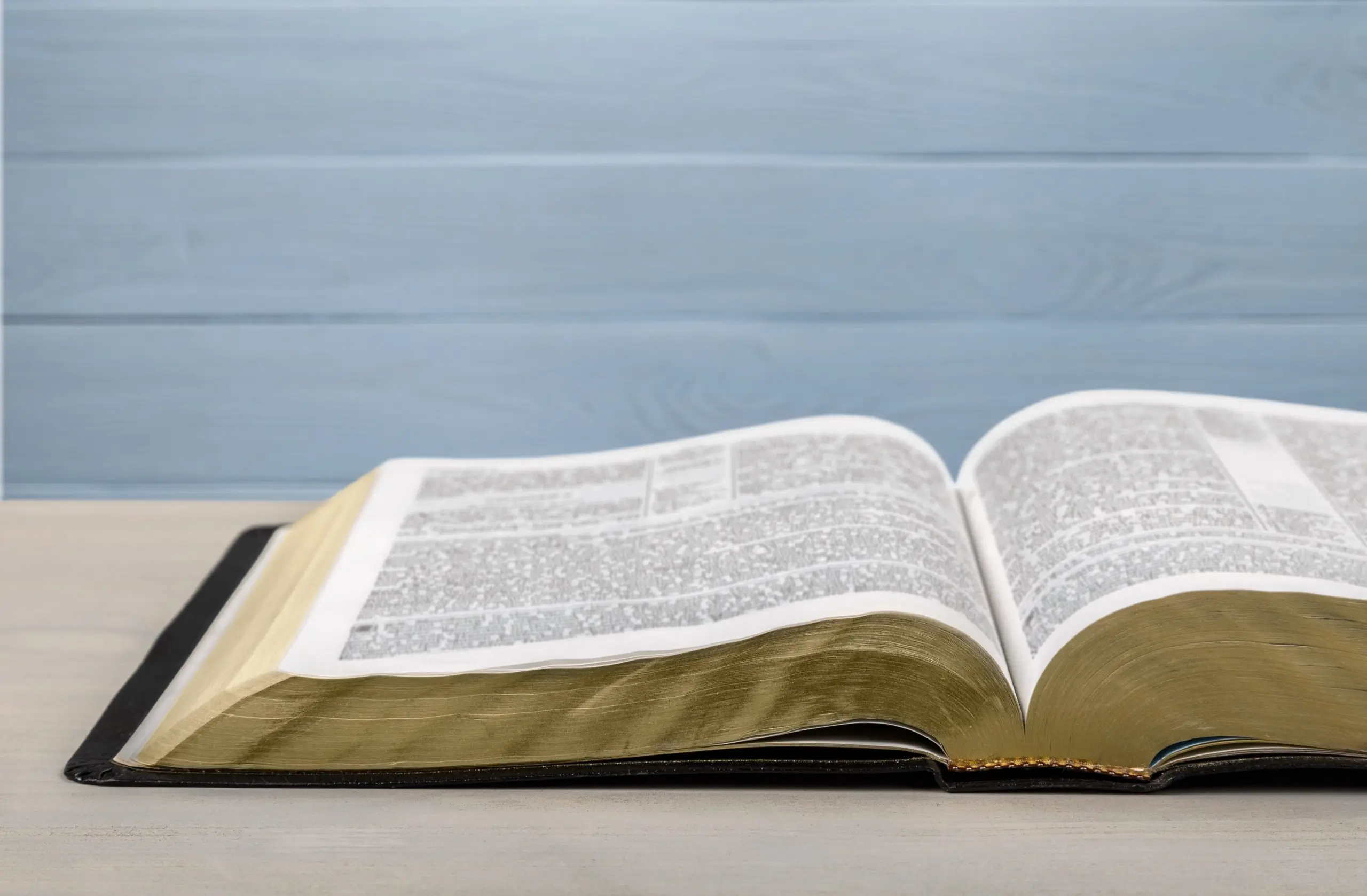 Open book with gold-edged pages on a light wooden table, against a pale blue background.