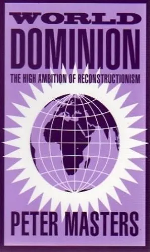 Purple book cover featuring a globe, titled "World Dominion" by Peter Masters.
